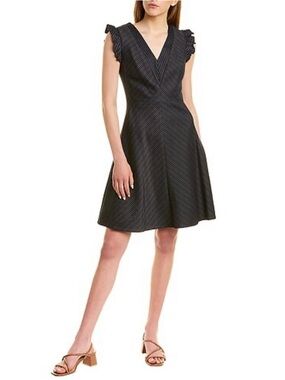 Rebecca Taylor Navy/Gold Striped Linen-Blend Mini Dress with Ruffle Cap Sleeves